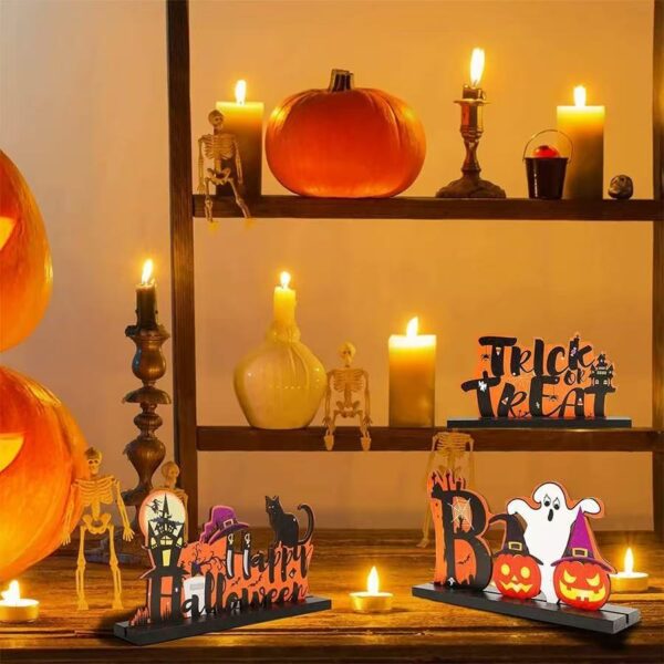 Wholesale 3 Halloween Black Letter Orange Wooden Ornaments with Bases - Halloween Desktop Wooden Ornaments
