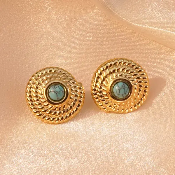 Wholesale 304 Stainless Steel Plastic Geometric Quadrilateral Round Electroplating December Birthstone Turquoise Imitation Gold Hip-Hop Novelty Tropical Inlay Multicolor-Golden Yellow Ear Studs