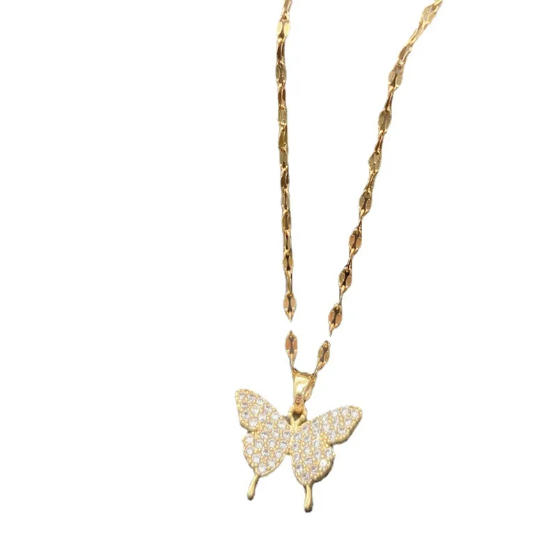 Wholesale PVD Coated Real Gold Plated Butterfly Stainless Steel Sweet Waterproof Non Tarnish Pendant Necklace