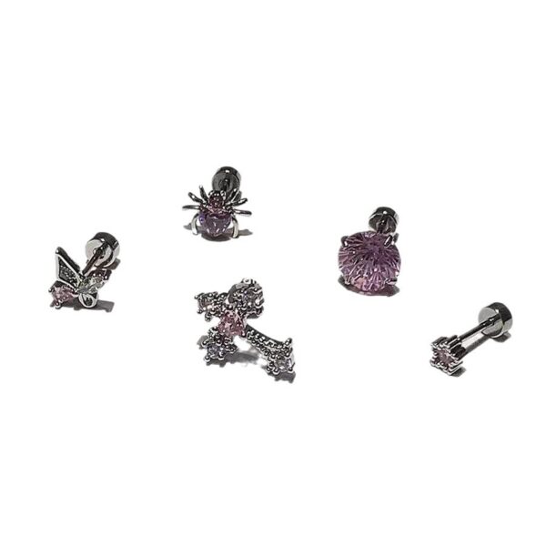 Wholesale Light Luxury Pink Zircon Cross Ear Bone Nail Titanium Steel Screw Fireworks Cut Ear Nail Butterfly Earrings Western Style