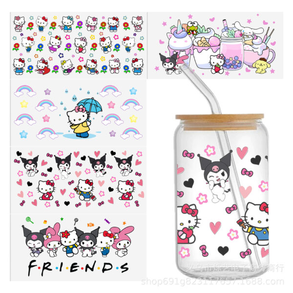 Wholesale Cartoon Kitty Kuromi Melody Series Uv Dtf Transfer Crystal Label Cup Sticker That Can Be Peeled Off and Apply