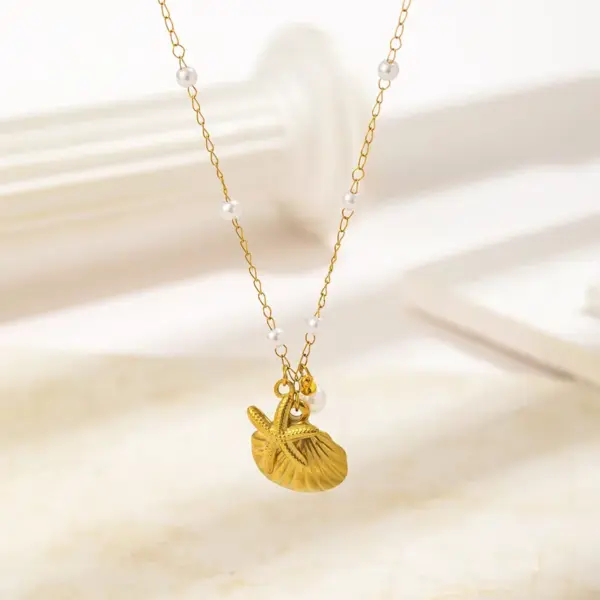 Wholesale 18K Gold Plated 304 Stainless Steel PVD Coated Pearl Starfish Shell Plating Inlay Paperclip Chain Cable Chain Rings Earrings Necklace