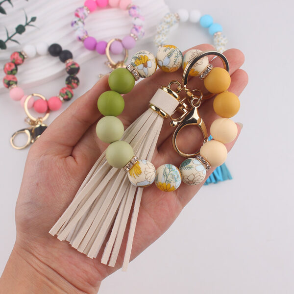 Wholesale Food Grade Silicone Bead Key Bracelet Printed Silicone Wrist Keychain