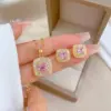 Wholesale Golden Plated 304 Stainless Steel Electroplating Square Sweet Earrings Necklace For Women'S