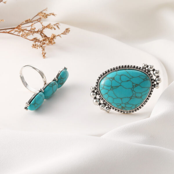 Wholesale Cross-Border Wish Hot-Selling Hand Jewelry Retro Bohemian Style Large Turquoise 2-Piece Set Ring Factory Direct Sale