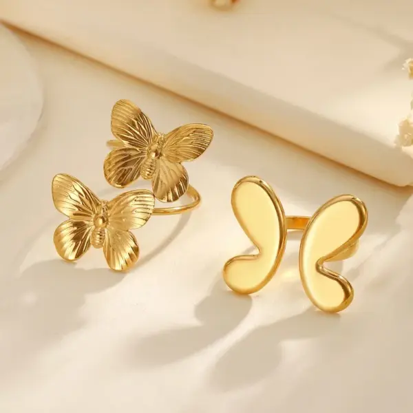 Wholesale PVD Coated Real Gold Plated Butterfly Bow Knot 304 Stainless Steel Classical Romantic Solid Color Waterproof Non Tarnish Open Rings