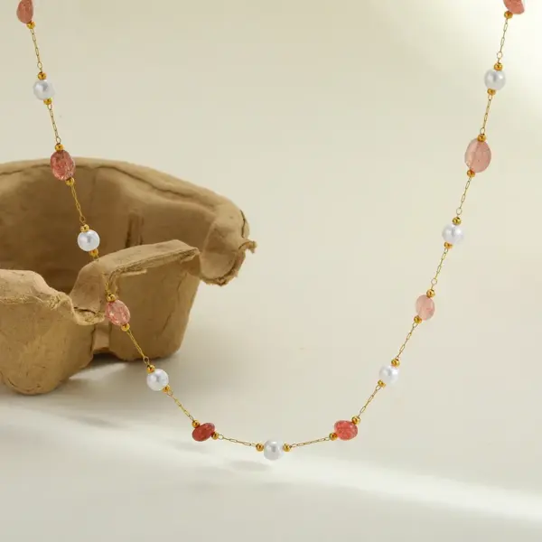 Wholesale Vacuum Electroplating (In Furnace) Plated 18K Real Gold Geometric Pattern Oval 304 Stainless Steel Imitation Pearl Natural Stone Elegant Romantic Lobster Clasp Necklace