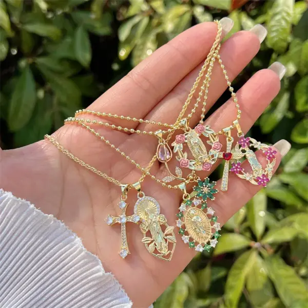 Wholesale Jewelry Retro Classic Style Cross Virgin Mary Copper Zircon 18K Gold Plated Pendant Necklace Ball Chain