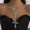 Wholesale European and American Cross-border Cyberpunk Cross Necklace Dark Exaggerated Micro-inlaid Imitation Pearl Multi-layered Stacked Jewelry