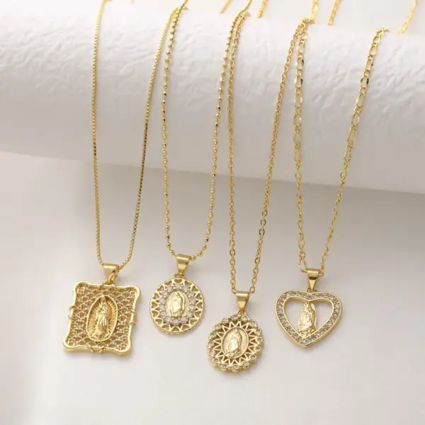 Wholesale 201 Stainless Steel Copper Bamboo Necklace 18K Gold Plated Plating Inlay Portrait Virgin Mary Heart Shape Zircon Pendant Necklace