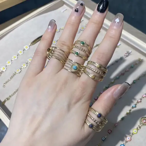 304 Stainless Steel 18K Gold Plated Baroque Style Modern Style Plating Hollow Out Inlay Round Natural Stone Open Ring