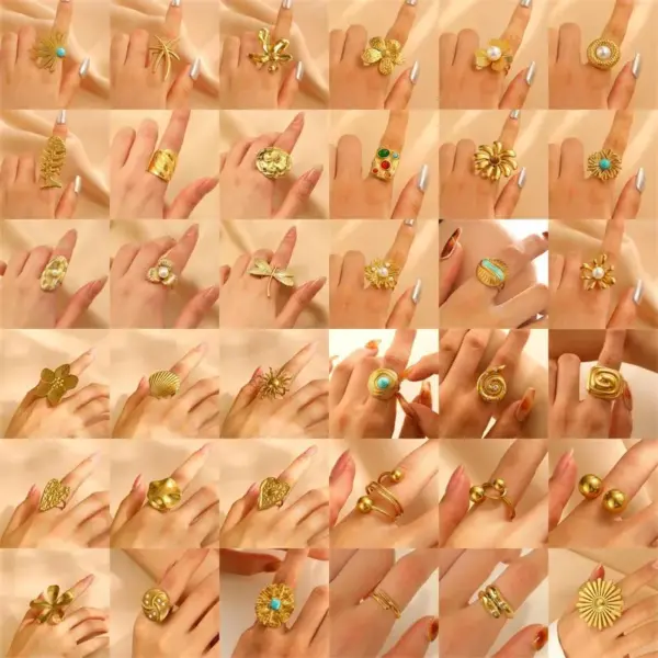 Fashionable Geometric Flower Shell Pattern Stainless Steel Ring Set With Zirconia And Pearl Adjustable Open Ring Elegant And Luxurious