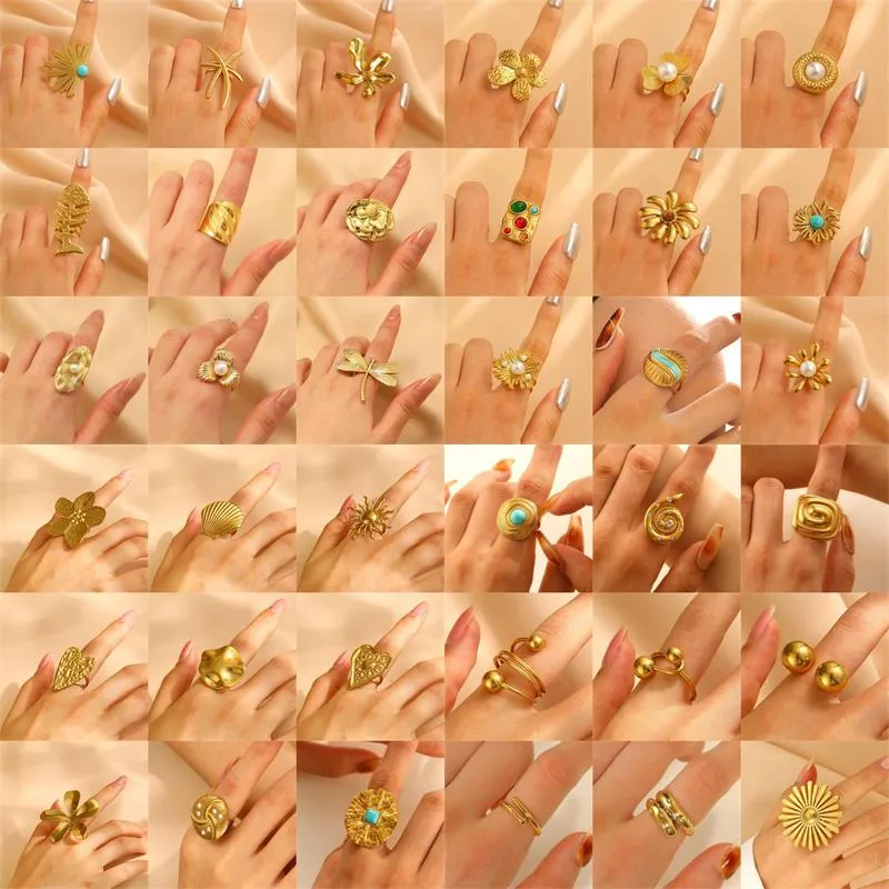 Wholesale Fashionable Geometric Flower Shell Pattern Stainless Steel Ring Set With Zirconia And Pearl Adjustable Open Ring Elegant And Luxurious