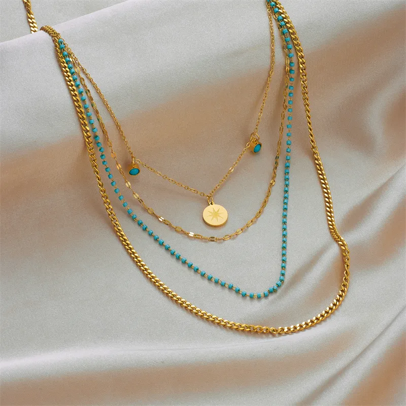 Wholesale PVD Coated 18K Gold Plated Geometric Stainless Steel Vintage Style Waterproof Non Tarnish 304 Stainless Steel Layered Necklaces