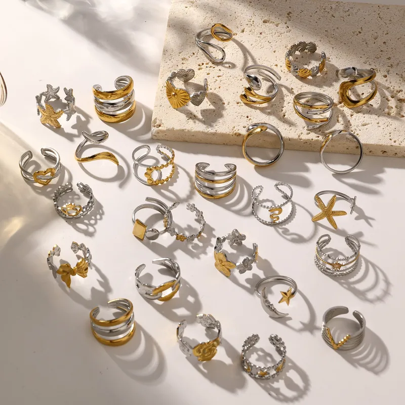 Wholesale Real Gold Plated Starfish Heart Shape Flower 304 Stainless Steel Casual Waterproof Non Tarnish Open Rings