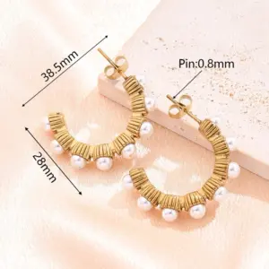 Acrylic Imitation Pearl Stripes C- Shaped Earrings (Gold) / 38.5x5mm (Needle Thickness:0.8mm) / 1 Pair/Package