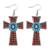 Wholesale Western style leopard plaid turquoise cross wooden double-sided earrings
