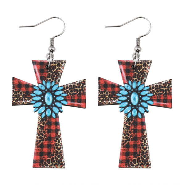 Wholesale Western style leopard plaid turquoise cross wooden double-sided earrings