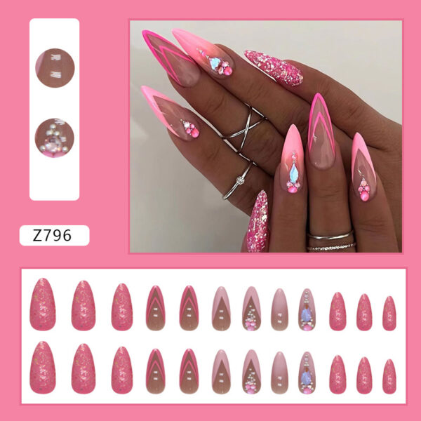 Wholesale Almond nail rose pink double-layer French flash fake nails European and American ins style wear nail French diamond manicure