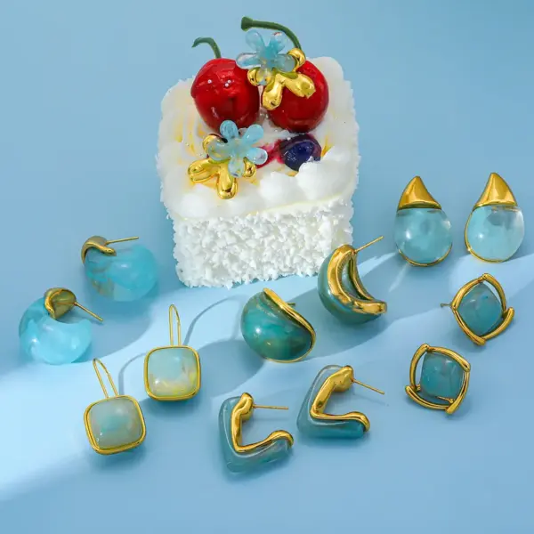 Wholesale Elegant Geometric Resin Embedded 18K Gold Plated Stainless Steel C-Shaped Flower Ear Studs Casual Chic Simple Style For Women