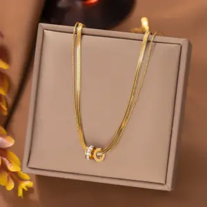 15 [Ah1108] Full Diamond Ring Necklace / Gold