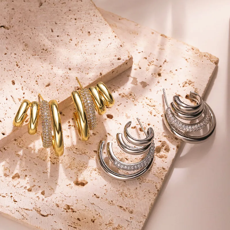 Wholesale 1 Pair Ig Style Exaggerated Luxurious C Shape Lines Layered Plating Inlay Copper Zircon 18k Gold Plated Ear Studs