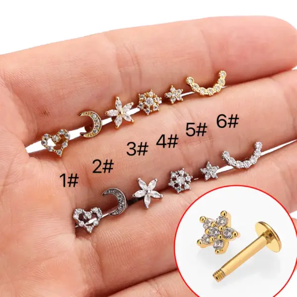 Wholesale 1 Piece Ear Cartilage Rings & Studs Casual Sexy Simple Style Moon Heart Shape Flower 316L Stainless Steel Waterproof Non Tarnish Surgical Steel Zircon Ion Plating (IP) 18K Gold Plated Lip Rings Nose Rings & Studs