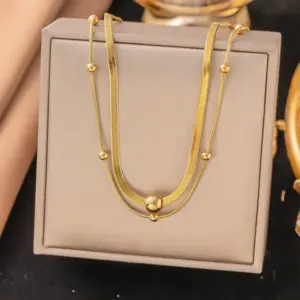 【H1213】Round Beads Blade Double Chain Necklace / Gold