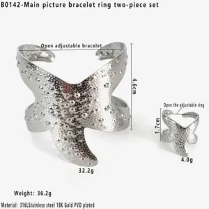 Silver Starfish Hammered Bracelet Ring Two-Piece Set / One Size