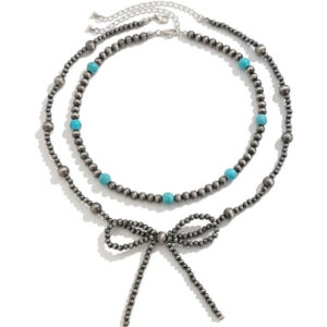 Wholesale Cross-Border Popular Western Bow Necklace Multi-Layer Bohemian Style Turquoise Bead Necklace Jewelry Gift for Women