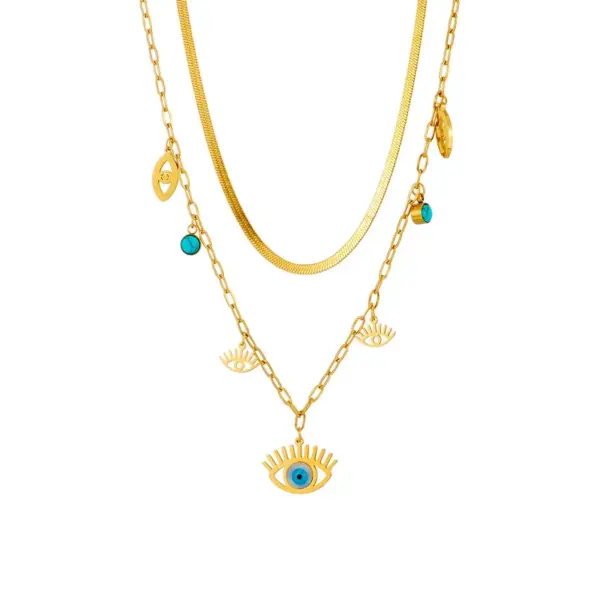 Wholesale PVD Coated Real Gold Plated Sun Eye Titanium Steel Fashion Waterproof Non Tarnish Layered Necklaces