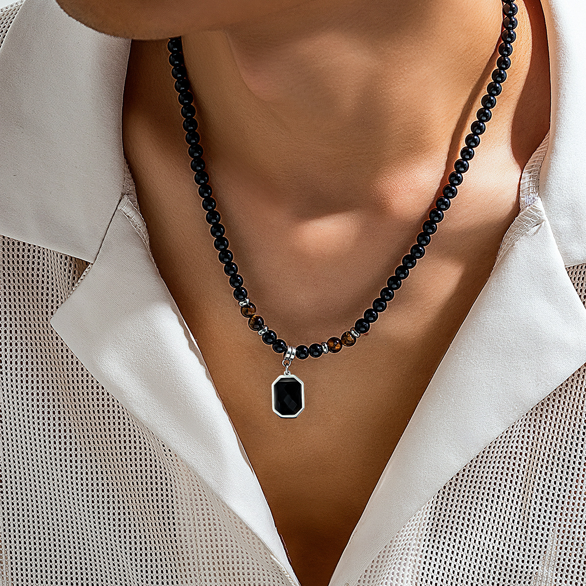 Wholesale European and American Cross-Border Tiger Stone Beaded Necklace Men's Hip-Hop Niche High-End Simple Personalized Men's Clavicle Chain Aessori