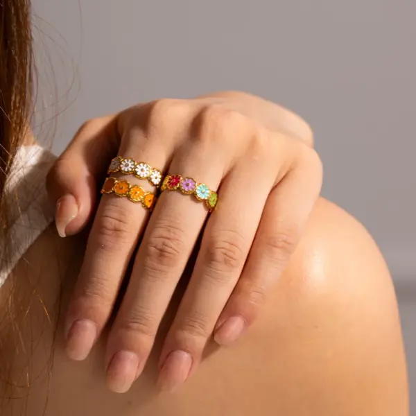 PVD Coated Real Gold Plated 18K Gold Flower 304 Stainless Steel Sweet Waterproof Non Tarnish Rings