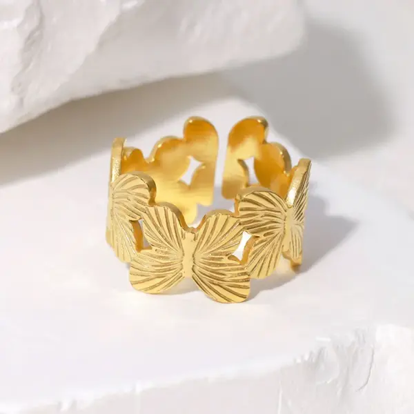 Wholesale PVD Coated Real Gold Plated 18K Gold Butterfly 304 Stainless Steel IG Style Cute Waterproof Non Tarnish Open Rings