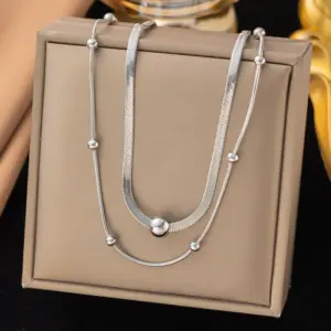 【H1216】Round Beads Blade Double Chain Necklace / Steel Color
