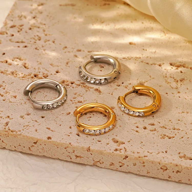 Wholesale 201 Stainless Steel Solid Color Electroplated Zircon 18K Real Gold Plated Simple Style Waterproof Non Tarnish Plating Inlay Gold Sier Earrin