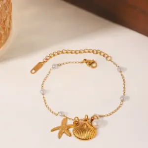 S0117-Pearl Starfish Shell Bracelet- Gold