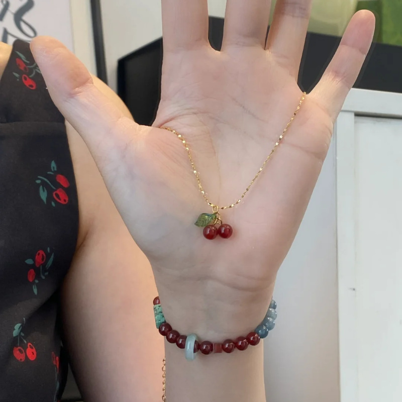 Wholesale Giant White Ser Suitable for Spring and Summer Small Cherry Necklace Advanced Sense Wine Red Pendant Necklace Light Luxury Clavicle Chain