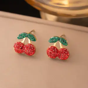 【XKE0359】Full Diamond Small Cherry Earrings / Gold
