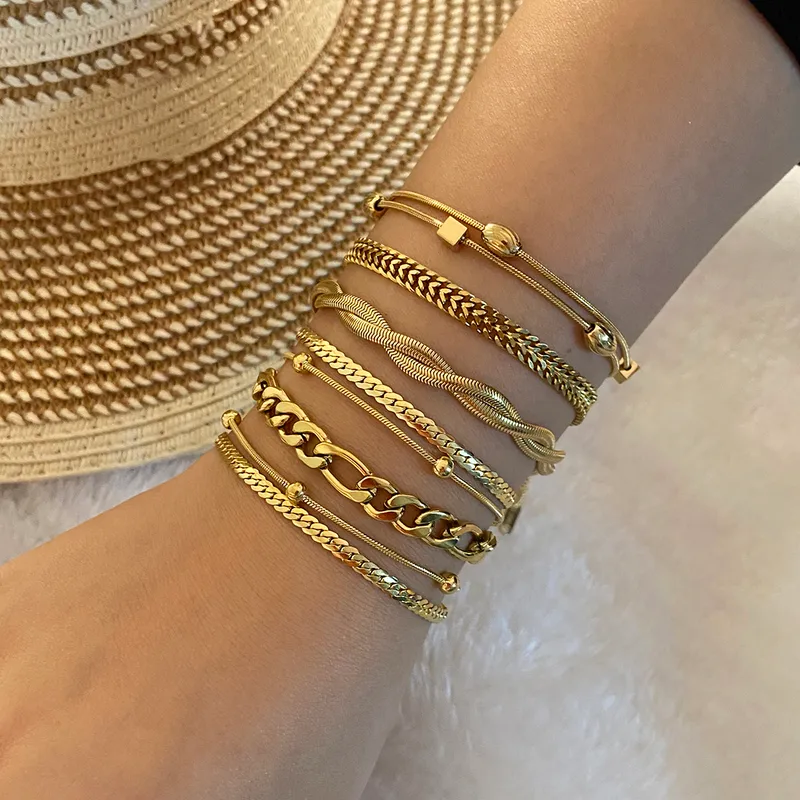 Wholesale PVD Coated 18K Gold Real Gold Plated Geometric Stainless Steel Simple Style Waterproof Non Tarnish 304 Stainless Steel Bracelets