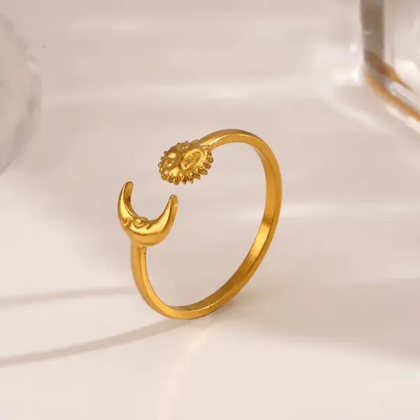 Ion Plating (IP) 18K Gold Plated Sun Moon 304 Stainless Steel Hip-Hop Waterproof Non Tarnish Open Rings