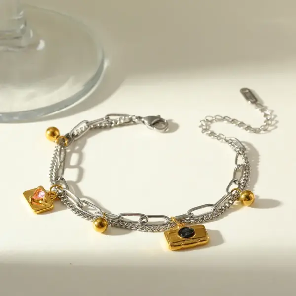 Wholesale 18K Gold Plated 304 Stainless Steel Vacuum Electroplating (In Furnace) Zircon Geometric Star Mixed Color (Jewelry Metal Contrast Color) Oil Drop Side Chain Cable Chain/Cross Chain/O Chain Bracelet For Women