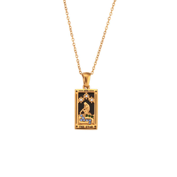 Wholesale European and American Ins Fashion Retro Popular Hot Pendant Jewelry Stainless Steel Rectangular Oil Dropping Zircon Tarot Necklace