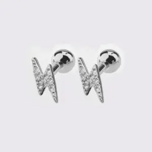 White Steel Lightning Stud Earrings