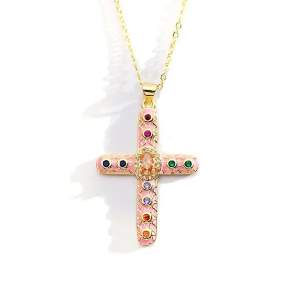 Copper Cross Electroplating Zircon Copper Plated Roman Style Enamel Plating Inlay Cable Chain Lobster Trigger Clasp Closure Pendant Necklace