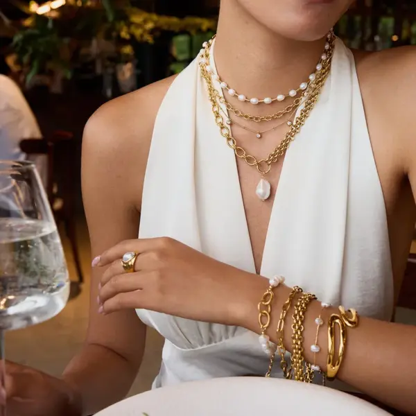 Wholesale 304 Stainless Steel Geometric PVD Coated Real Gold Plated Modern Style Waterproof Non Tarnish Beaded Chain Rings Bracelets Necklace