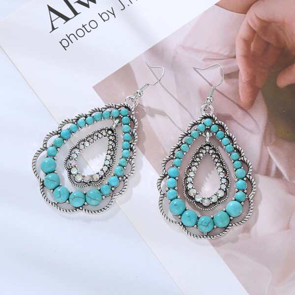 Wholesale Cross-border new double-layer water drop hollow pendant inlaid turquoise earrings female personality retro high quality Party earrings