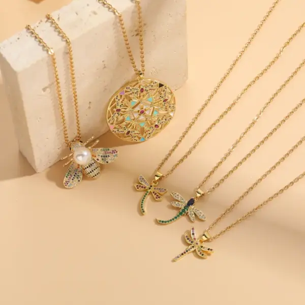 Wholesale 304 Stainless Steel Copper Insect Electroplating PVD Coated Artificial Pearls Zircon 14K Gold Plated Irregular Plating Inlay Wheat Chain Pendant Necklace