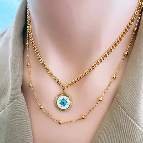 Wholesale PVD Coated Real Gold Plated Sun Eye Stainless Steel Novelty Waterproof Non Tarnish Layered Necklaces