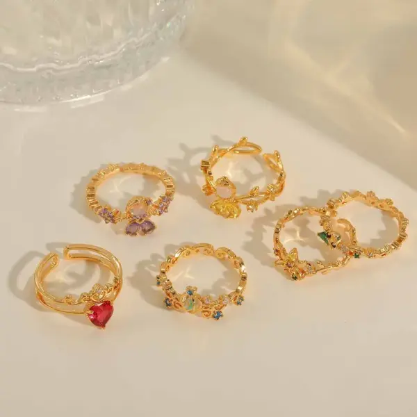 Wholesale Jewelry Cute Sweet Heart Shape Flower Copper Zircon 14K Gold Plated Inlay Open Rings